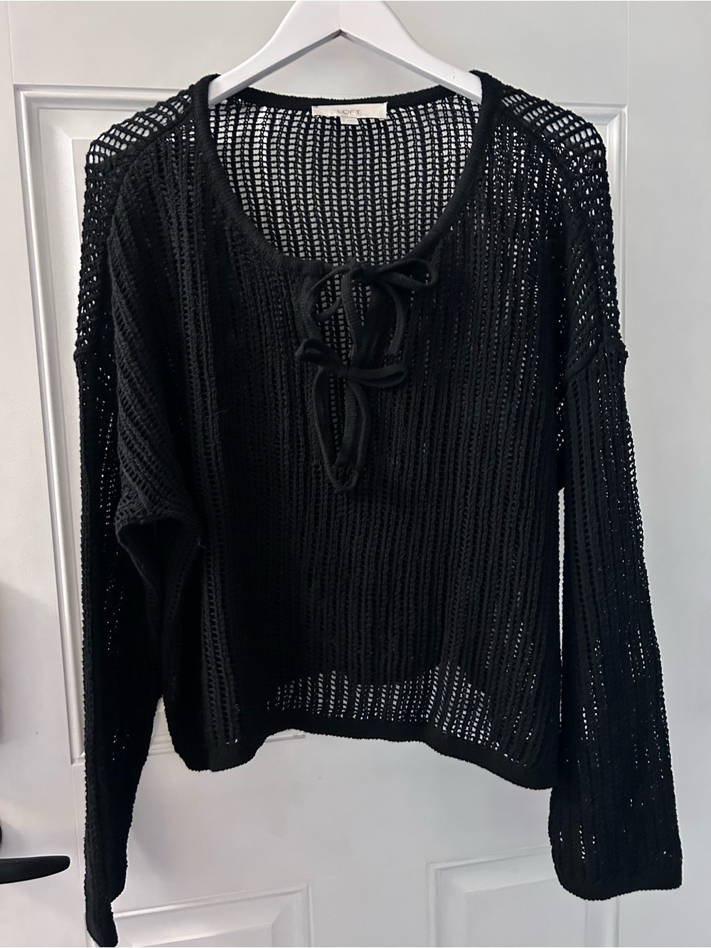 LOFT Black Open-Knit Lace-Up Crewneck Sweater